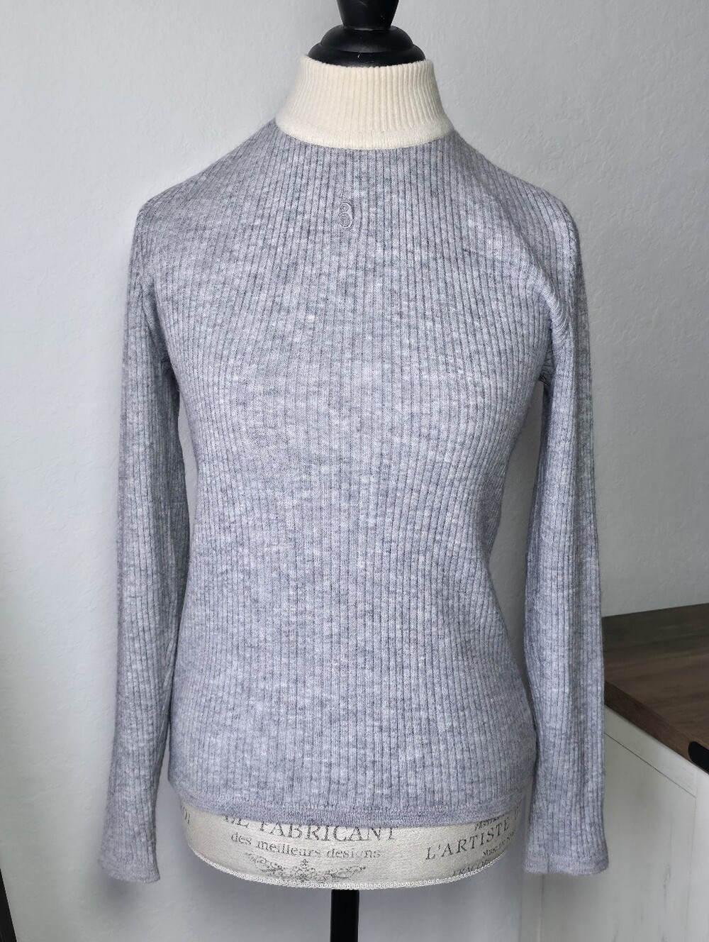 Courreges Mock Neck Ribbed Long Sleeve Sweater, Medium, Gray & White, Turtleneck